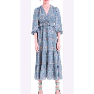 Max Studio Tiered Midi-Maxi Dress Womens Large Dusty Blue Floral Balloon Sleeve